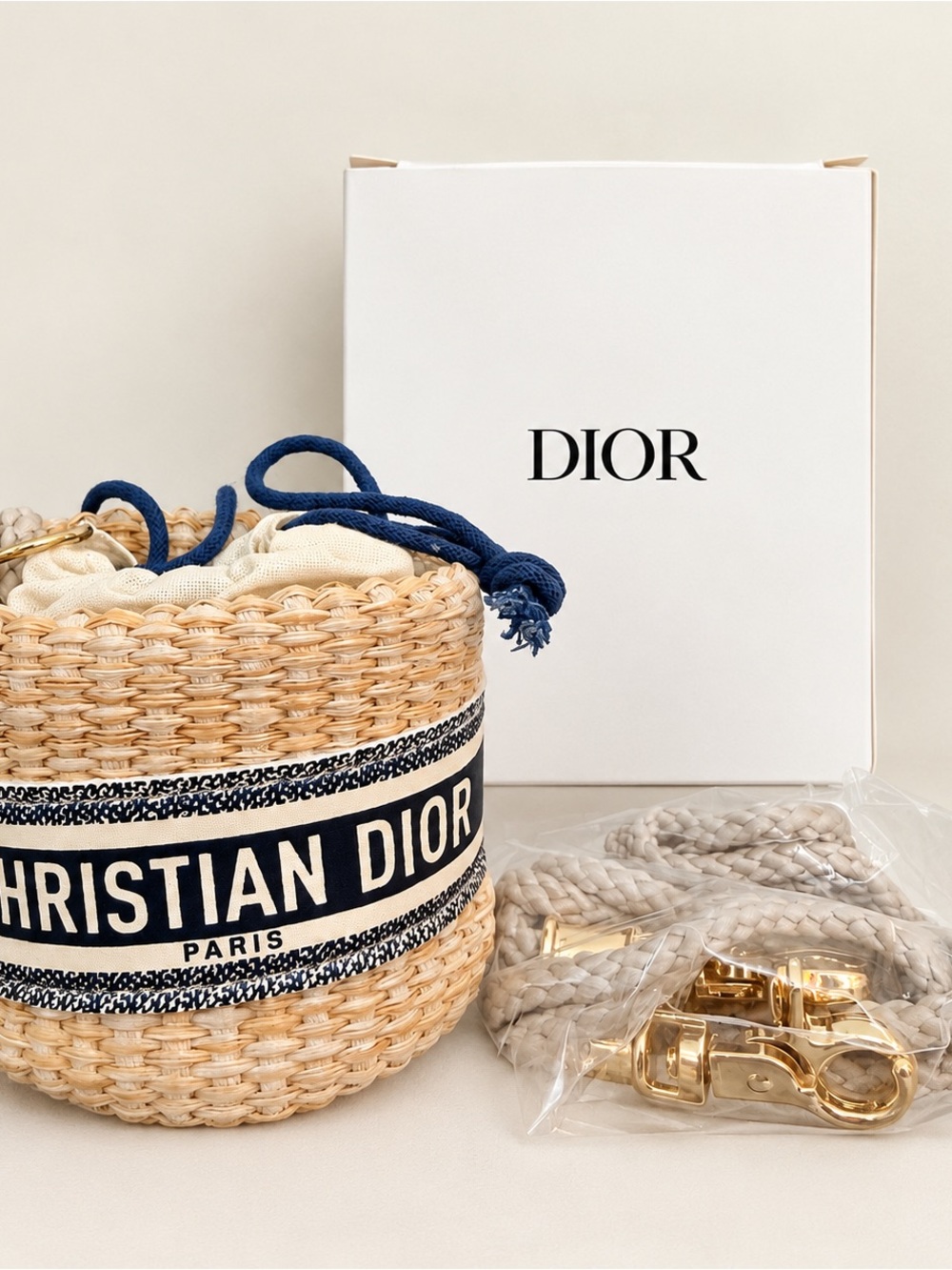 Dior Beauty Woven Mini wicker Bucket Pouch crossbody with Strap & Box
